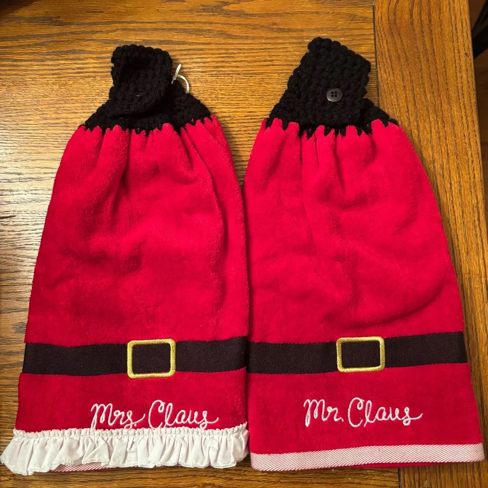 Hand crocheted set of Mr. And Mrs. Claus red/white/black hand towels